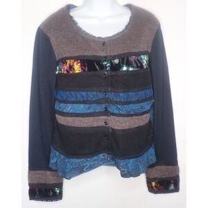 Acorn Wool Patchwork Sweater Women L Boho Hippie Cardigan‎ Paisley Black